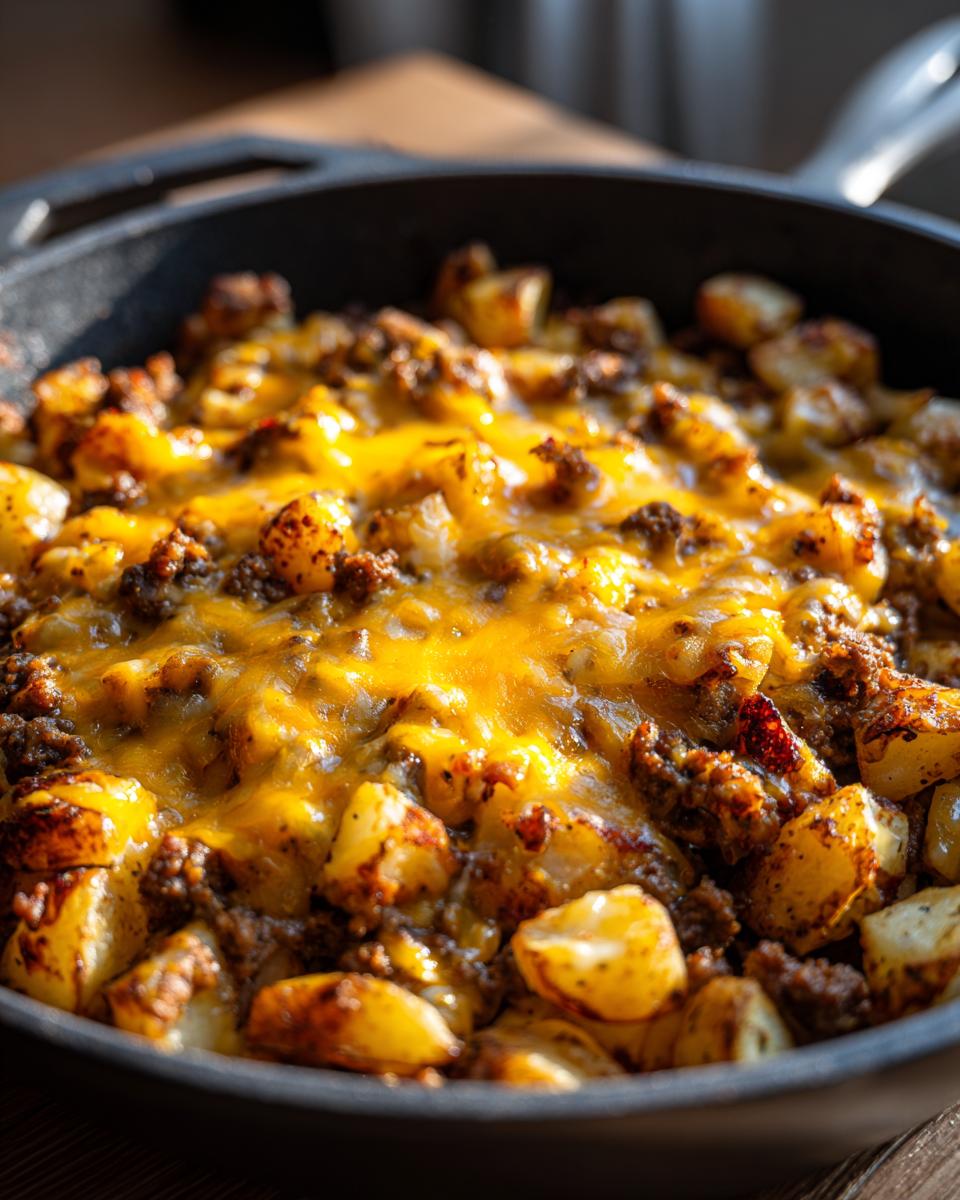 Close-up of Cheesy Taco Potatoes featuring seasoned ground meat and melted cheddar cheese in a black cast iron skillet.