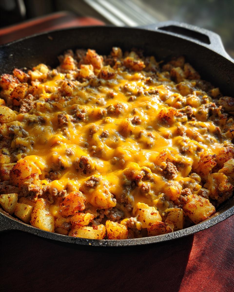 Close-up of Cheesy Taco Potatoes with seasoned ground beef and melted cheddar cheese in a cast iron skillet.