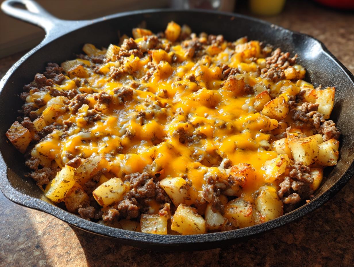 Close-up of Cheesy Taco Potatoes cooked in a cast iron skillet, topped with melted cheddar cheese and seasoned ground meat.