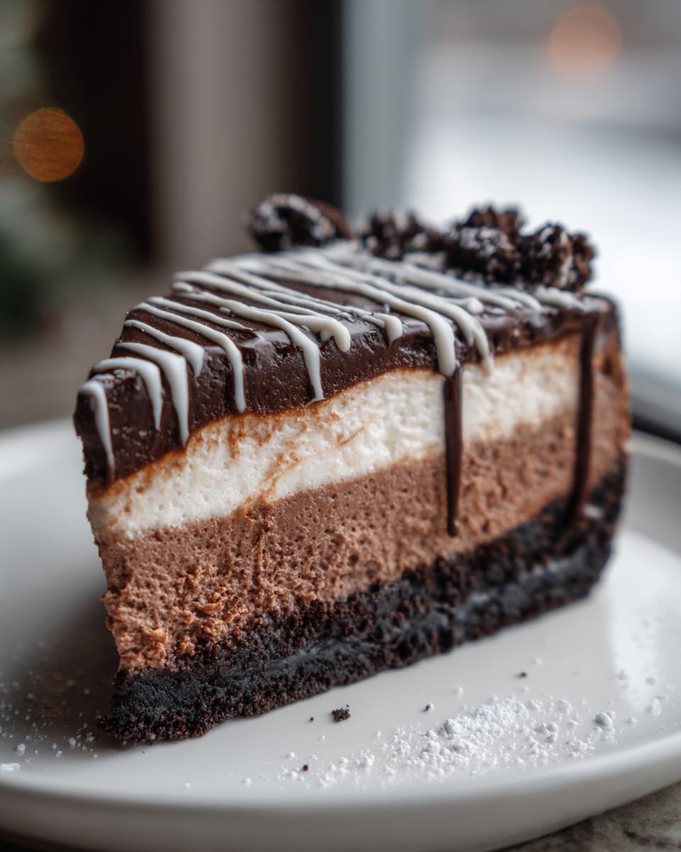 A rich slice of 3-layer chocolate cheesecake with dark crust, white, and milk chocolate mousse layers, topped with ganache.