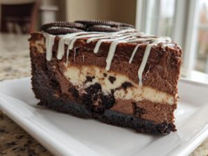 A thick slice of 3-layer chocolate cheesecake with Oreo pieces, topped with chocolate ganache and white drizzle.