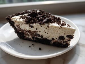 A close-up slice of creamy, no-bake Oreo pie with a dark chocolate crust and cookie crumbles on top.