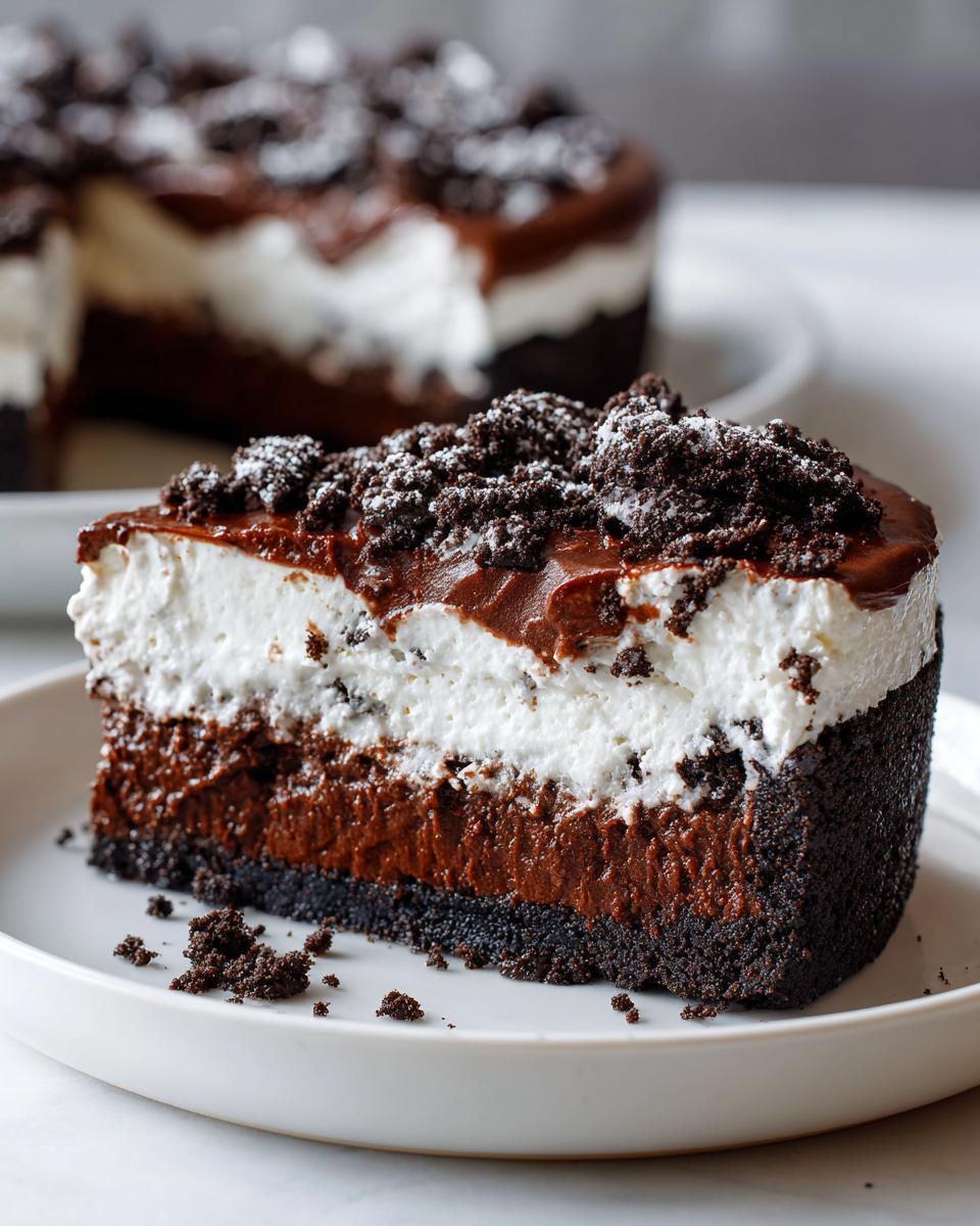 A thick slice of layered oreo pie showing a dark crust, chocolate filling, white cream, and chocolate topping.