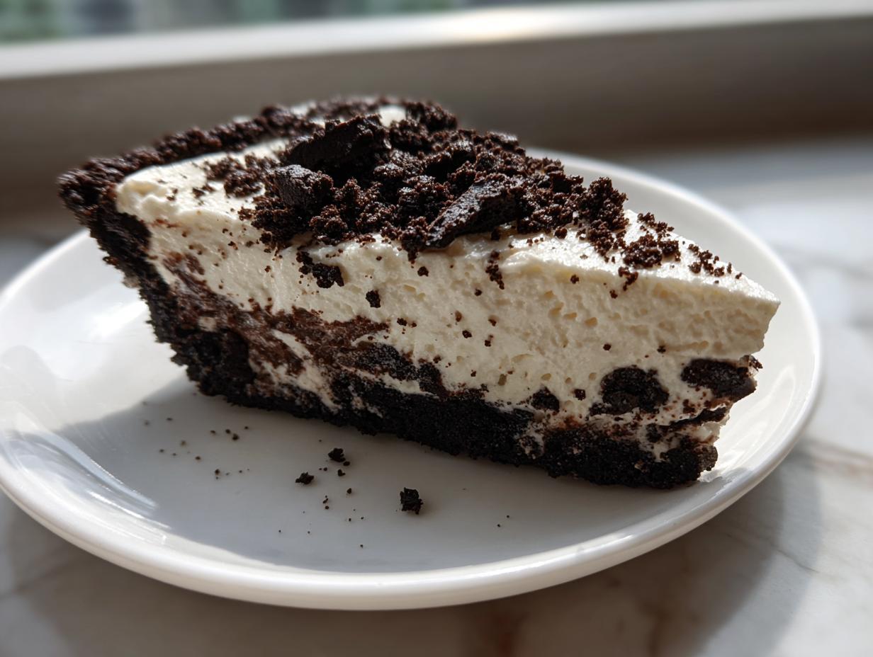 A close-up slice of creamy, no-bake Oreo pie with a dark chocolate crust and cookie crumbles on top.