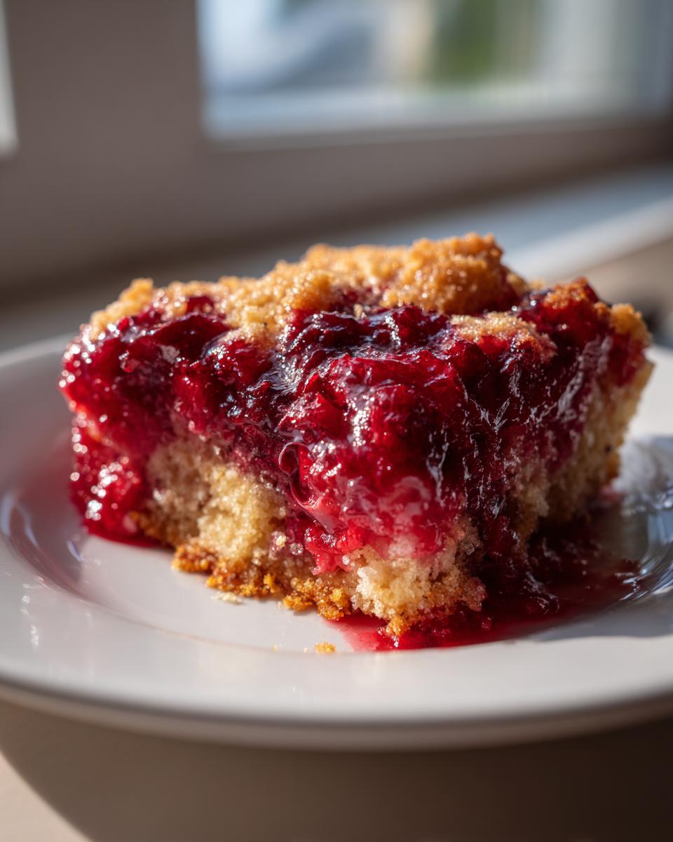 A close-up of a moist slice of cherry dump cake with a crumbly topping, served on a white plate.