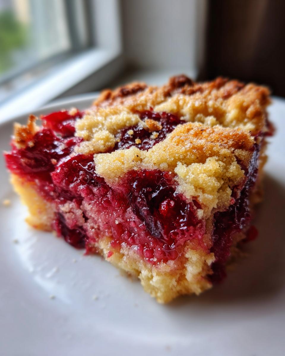 Close-up of a square slice of cherry dump cake showing a thick layer of bright red cherry filling and a crumbly golden topping.