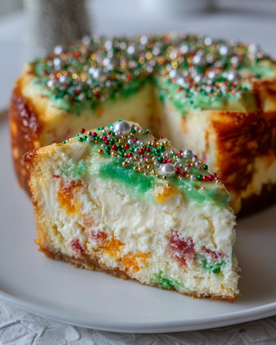 A slice of Christmas tree cheesecake featuring candied fruit inside and topped with green icing and festive sprinkles.