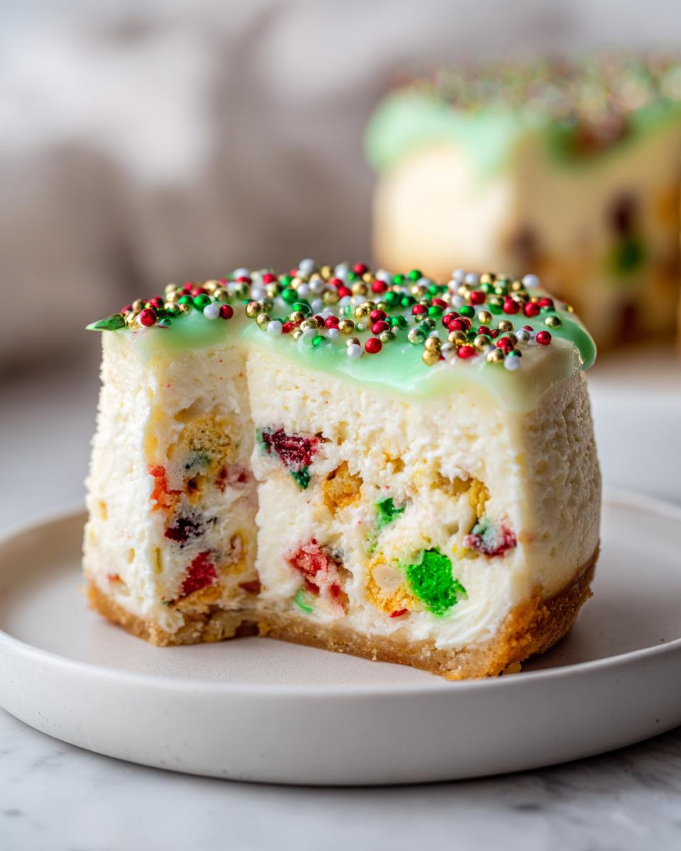 Close-up of a slice of Christmas tree cheesecake showing colorful cake pieces inside and green glaze with festive sprinkles on top.