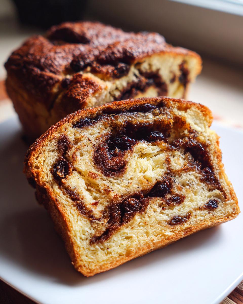 Close-up of a thick slice of golden raisin bread showing a rich cinnamon swirl and plump raisins throughout the soft crumb.