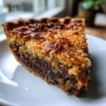 Close-up of a rich slice of german chocolate pie showing a dark chocolate filling and a toasted coconut pecan topping.