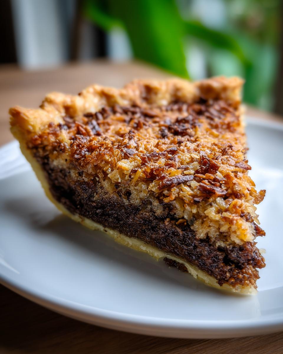 Close-up of a rich slice of german chocolate pie showing the dark chocolate filling and toasted coconut pecan topping.
