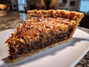A close-up shot of a delicious slice of german chocolate pie featuring a rich chocolate filling and a toasted coconut pecan topping.