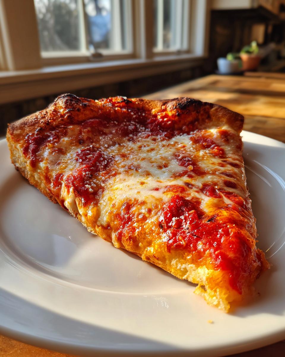 A thick slice of homemade pizza featuring bright red sauce, melted mozzarella, and a well-baked crust, resting on a white plate.