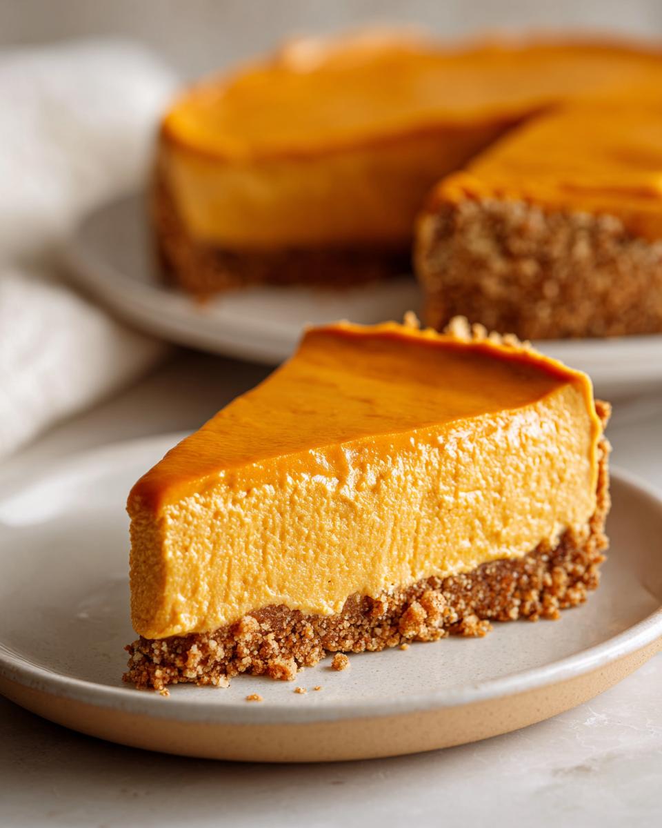 A perfect slice of creamy no bake pumpkin pie with a thick graham cracker crust on a plate.