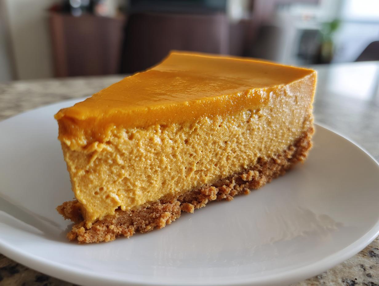 A perfect slice of creamy no bake pumpkin pie with a graham cracker crust resting on a white plate.