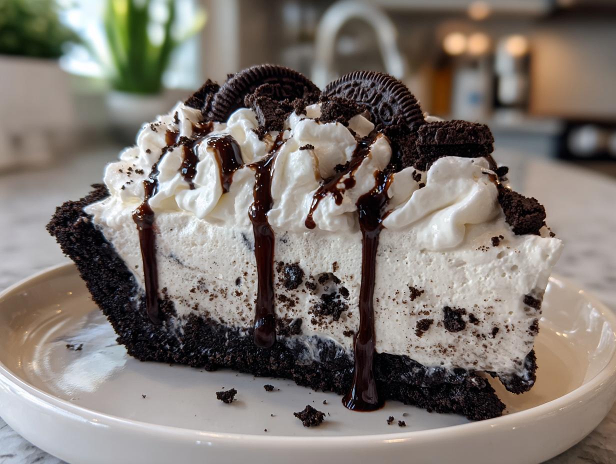 A decadent slice of ice cream pie featuring a dark cookie crust, cookies and cream filling, whipped topping, and chocolate drizzle.