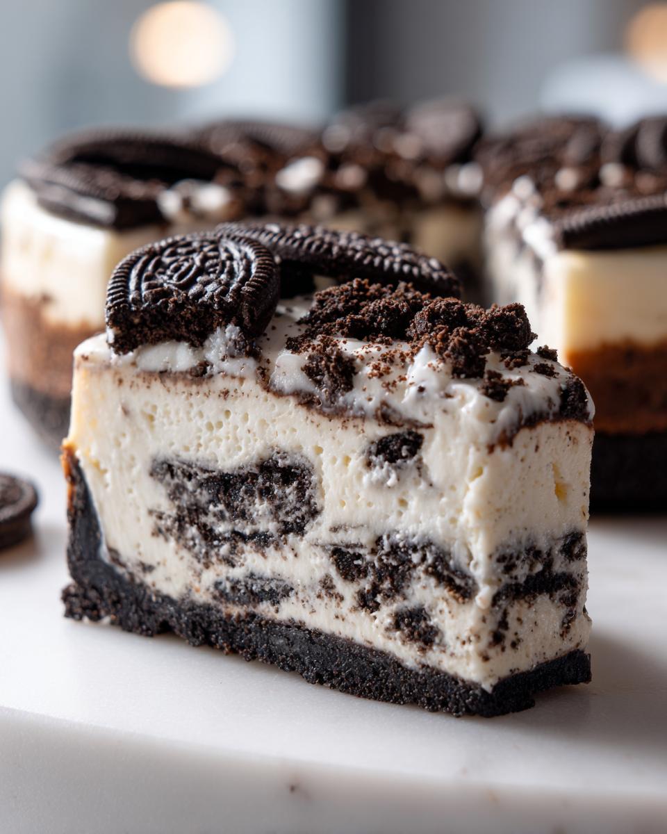 Close-up of a decadent slice of Oreo cheesecake showing chunks of cookies mixed into the creamy filling and topped with cookie crumbs.
