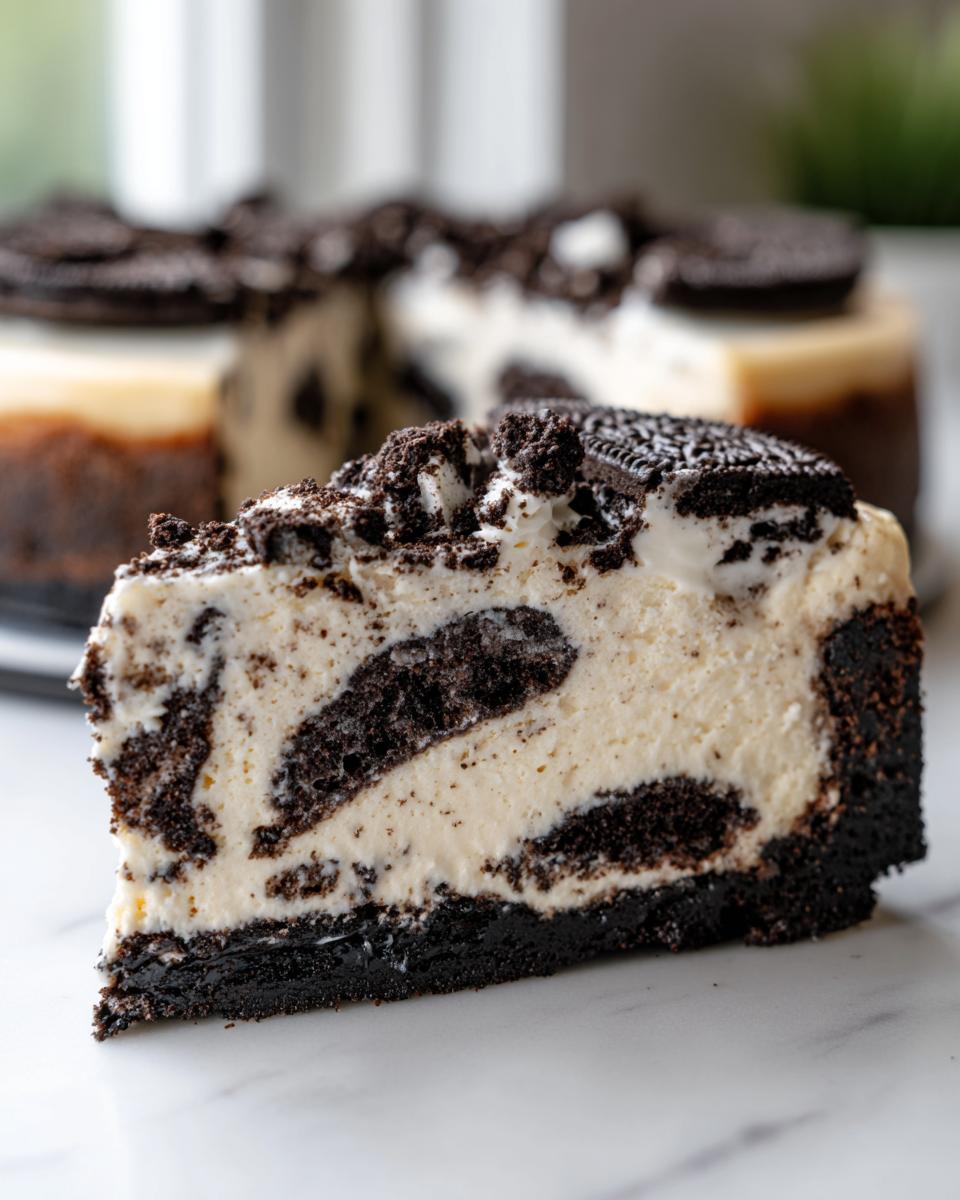 A close-up slice of rich Oreo cheesecake with a dark cookie crust and large chunks of cookies mixed into the creamy filling.
