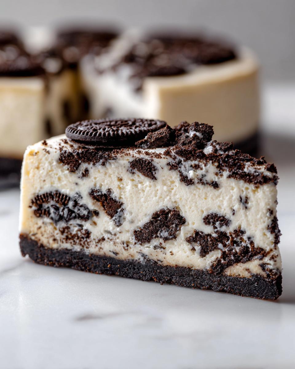Close-up of a decadent slice of Oreo cheesecake with cookie chunks mixed in and a whole Oreo on top.