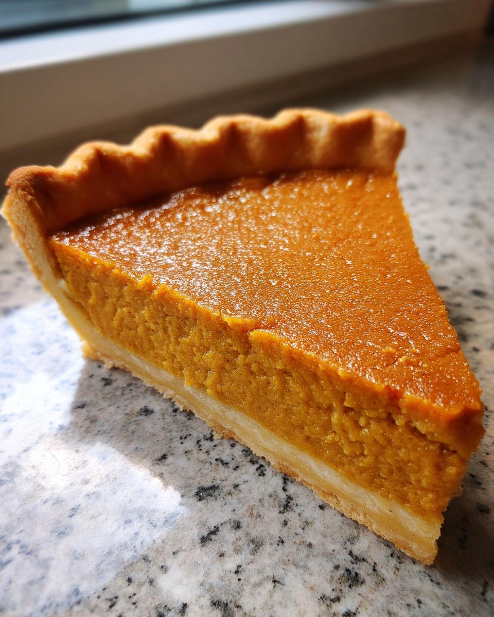 A perfect slice of rich orange vegan pumpkin pie with a flaky crust, sitting on a granite countertop.