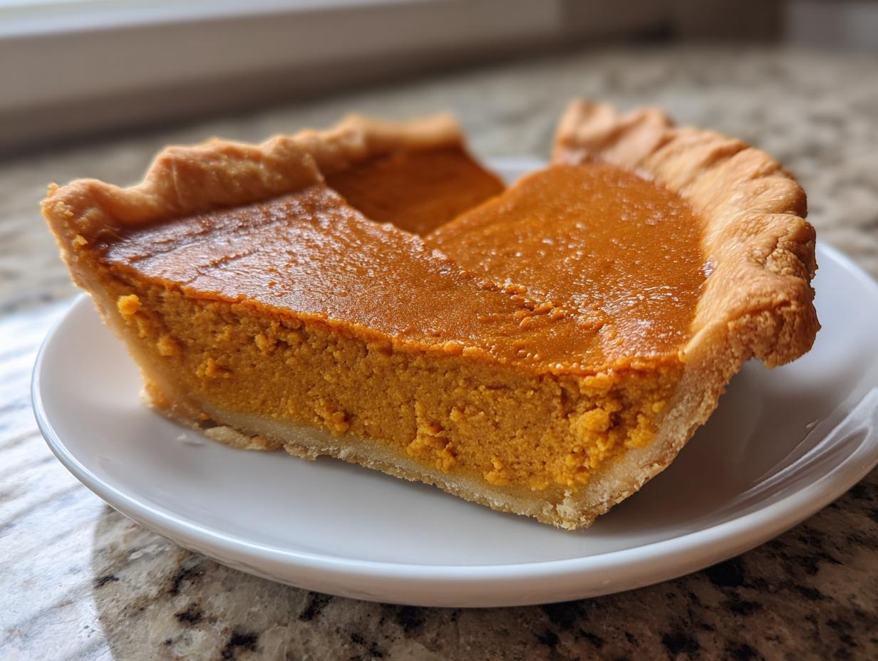 Close-up of a thick slice of rich orange vegan pumpkin pie with a flaky crust on a white plate.