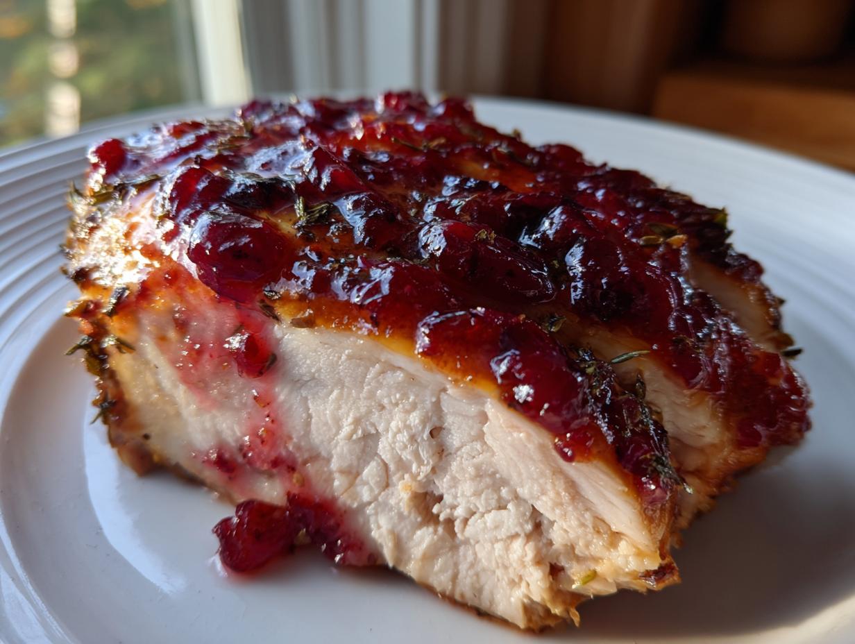 Close-up of sliced cranberry chicken breast topped with a thick, glossy cranberry glaze and herbs.