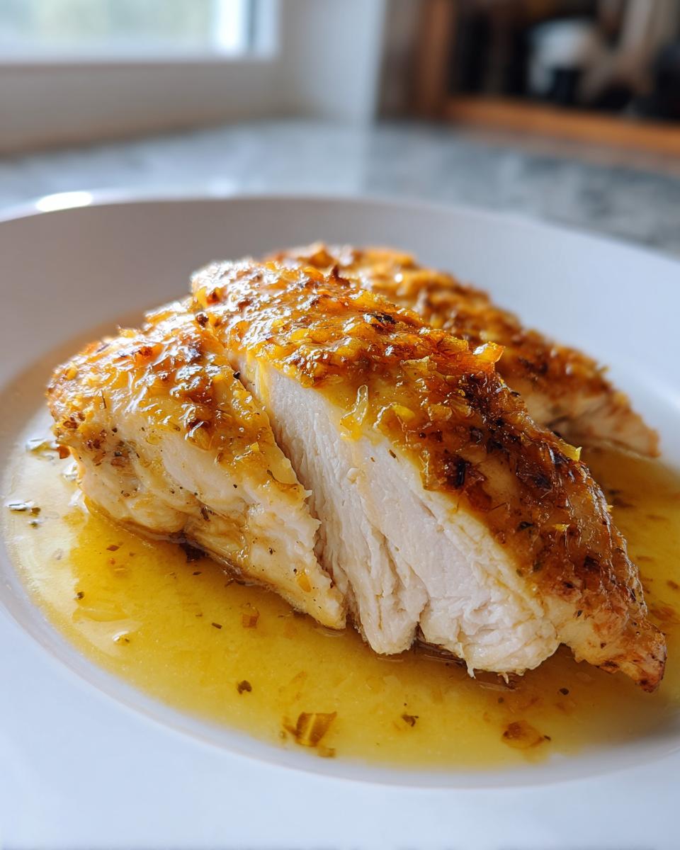 Close-up of sliced greek chicken breast, showing juicy white meat and a rich, golden sauce.