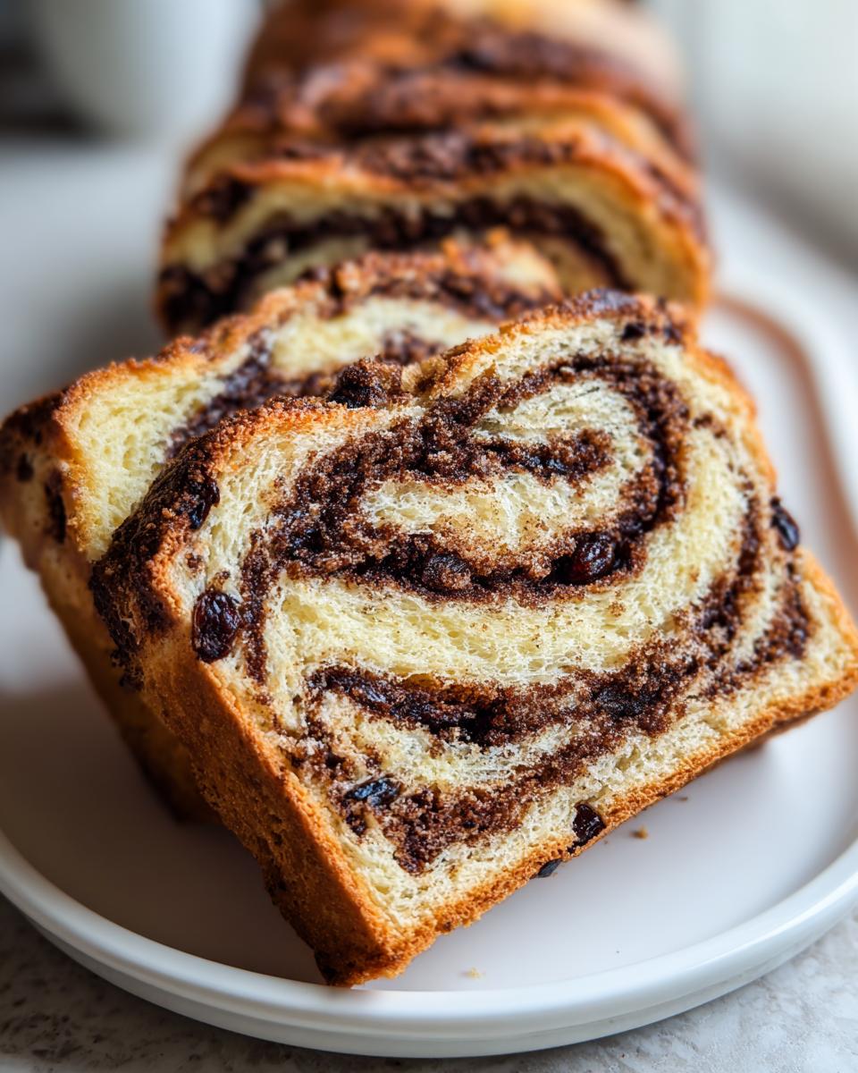 Two thick slices of homemade raisin bread showing a beautiful chocolate swirl and visible raisins.