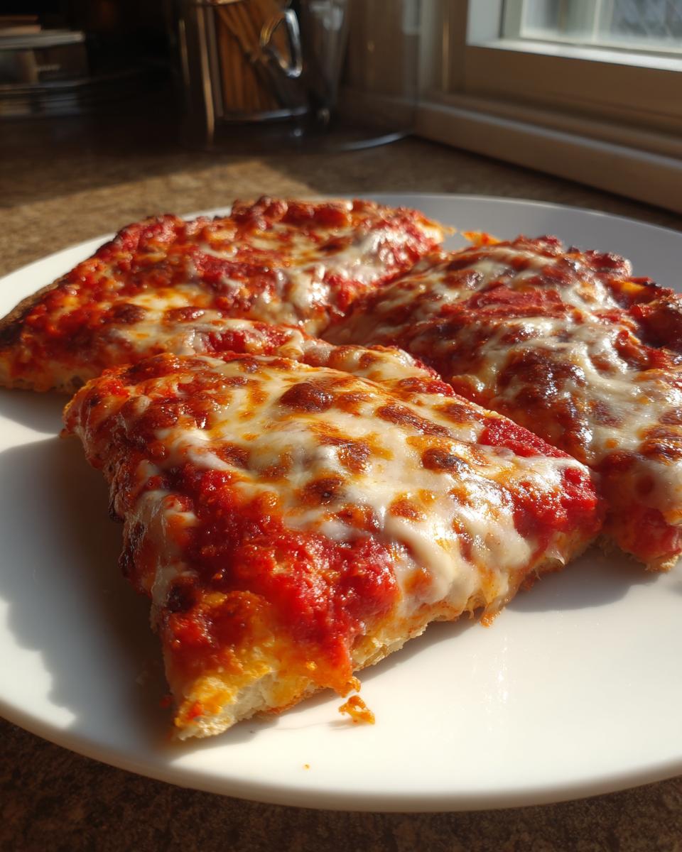 Close-up of three slices of homemade pizza featuring thick tomato sauce and bubbly, melted mozzarella cheese on a white plate.