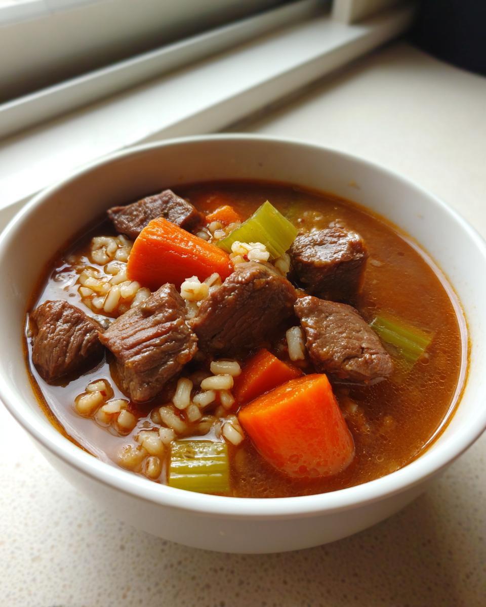 Close-up of a white bowl filled with rich beef barley soup, showing chunks of beef, carrots, celery, and barley.