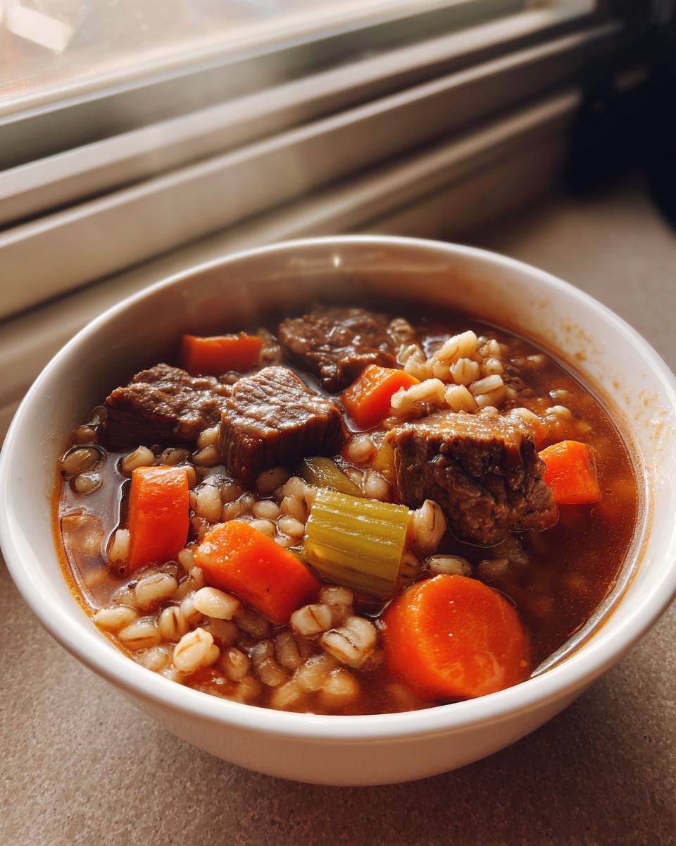 Close-up of a steaming white bowl filled with rich beef barley soup, featuring chunks of beef, carrots, and barley.