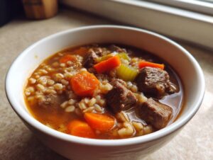 Close-up of a white bowl filled with rich beef barley soup, featuring chunks of beef, carrots, and barley.