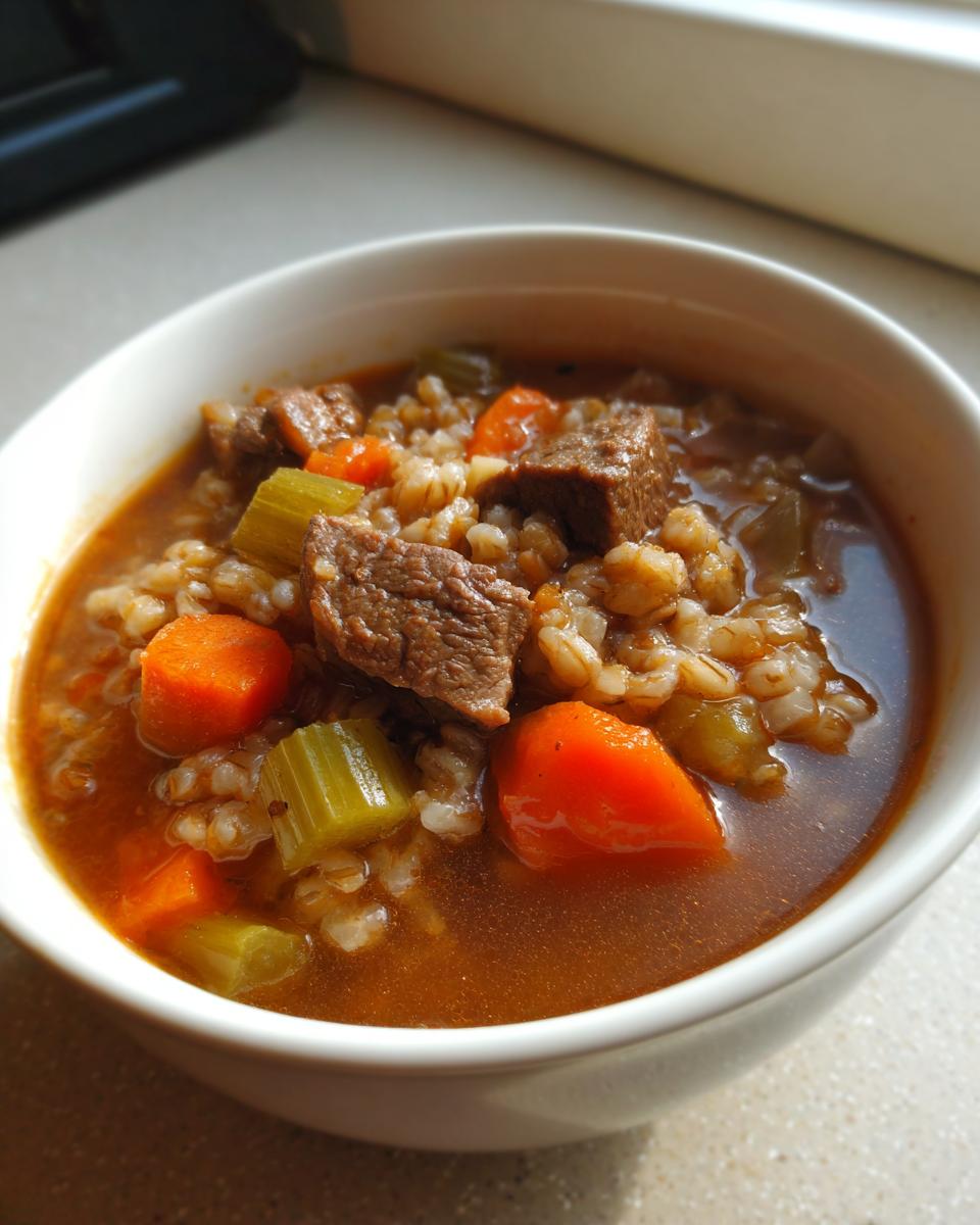 Close-up of a white bowl filled with rich beef barley soup, featuring chunks of beef, carrots, and celery.