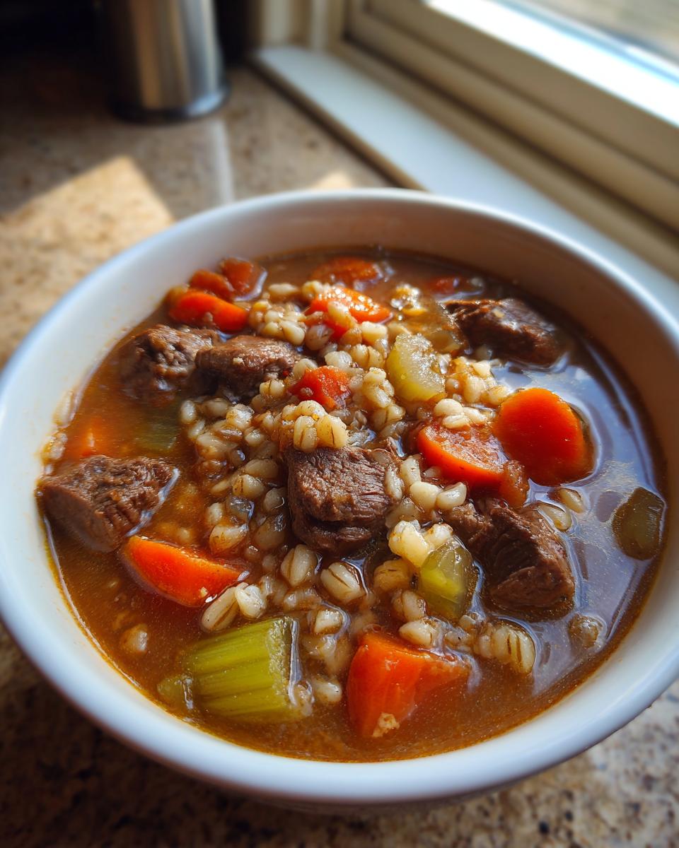 Close-up of a white bowl filled with rich beef barley soup, featuring chunks of beef, carrots, celery, and barley.