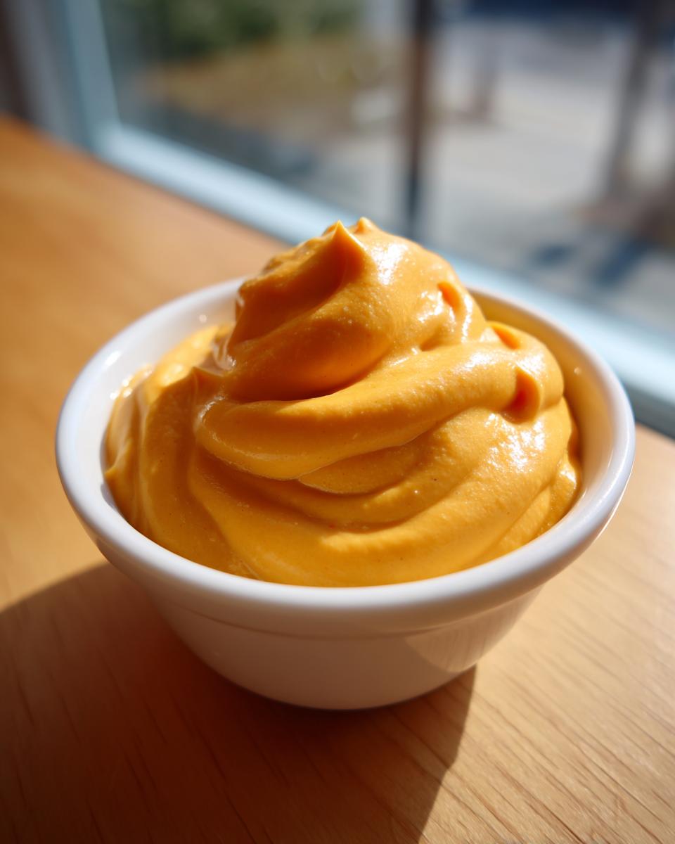 A close-up of thick, vibrant orange nacho cheese sauce swirled high in a small white dipping bowl.