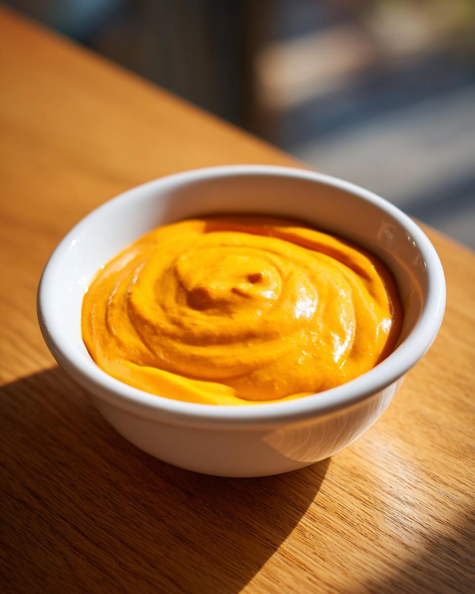 A close-up of bright orange, smooth nacho cheese sauce swirled in a small white bowl on a wooden table.