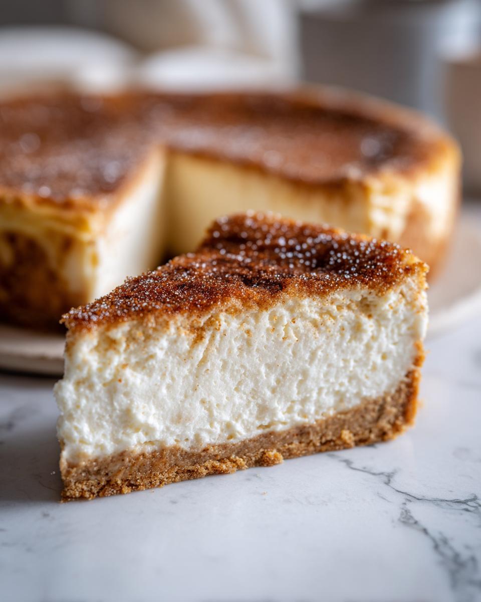 A close-up slice of creamy snickerdoodle cheesecake featuring a thick graham cracker crust and a cinnamon-sugar topping.