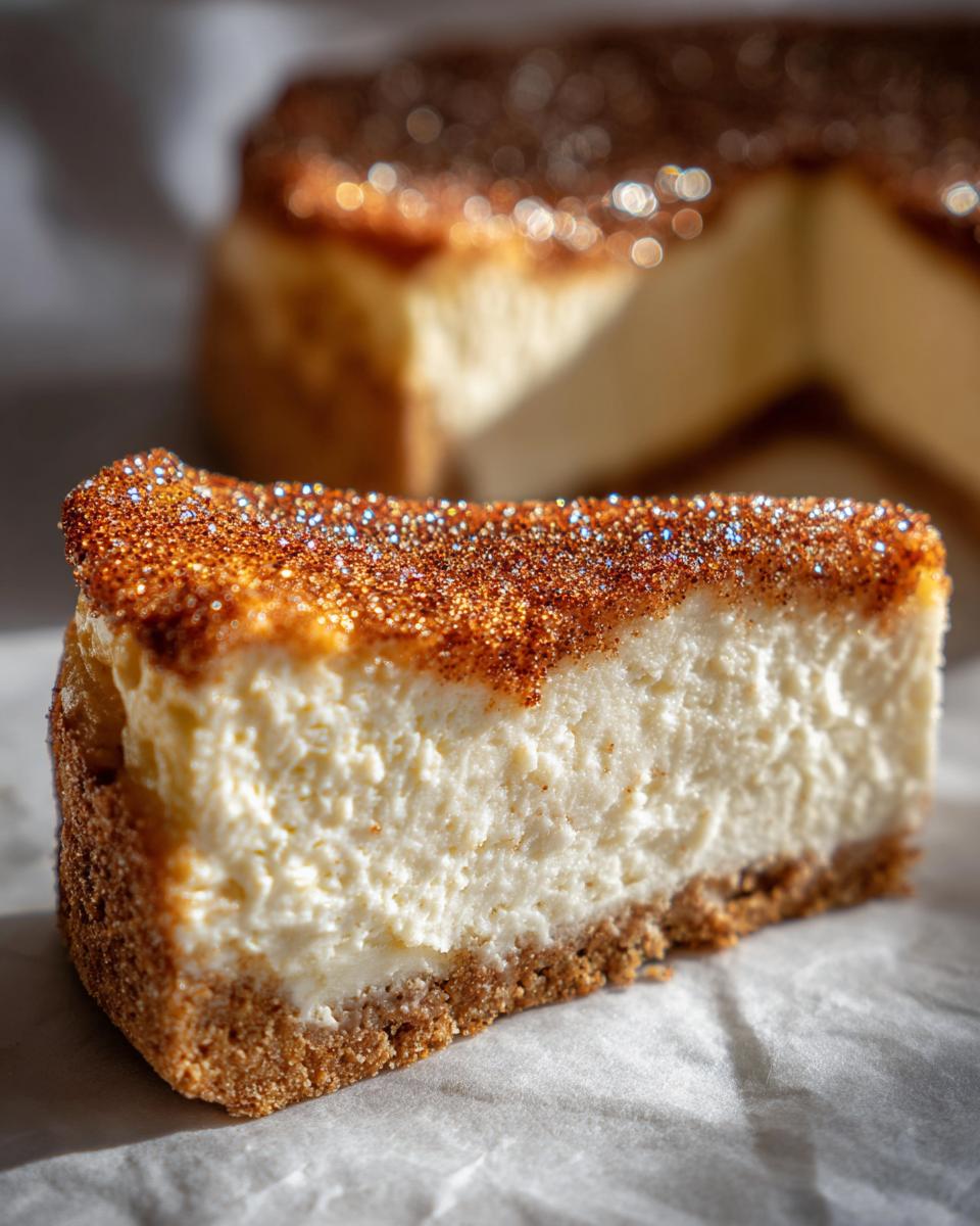 A close-up slice of creamy snickerdoodle cheesecake with a thick graham cracker crust and sparkling cinnamon sugar topping.