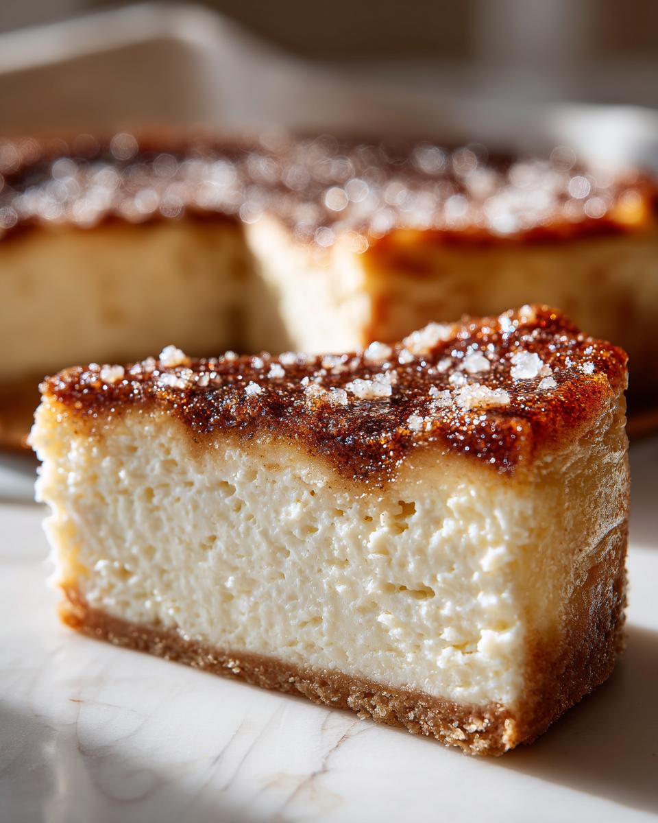 Close-up of a thick slice of creamy snickerdoodle cheesecake with a cinnamon-sugar crust and topping.