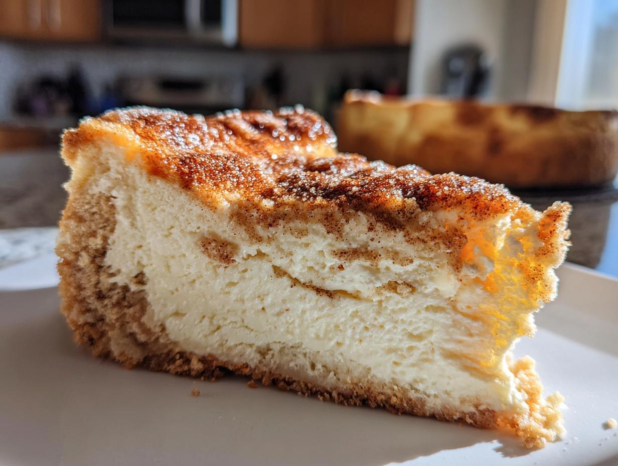 Close-up of a creamy slice of snickerdoodle cheesecake featuring a thick graham cracker crust and a sugary cinnamon topping.