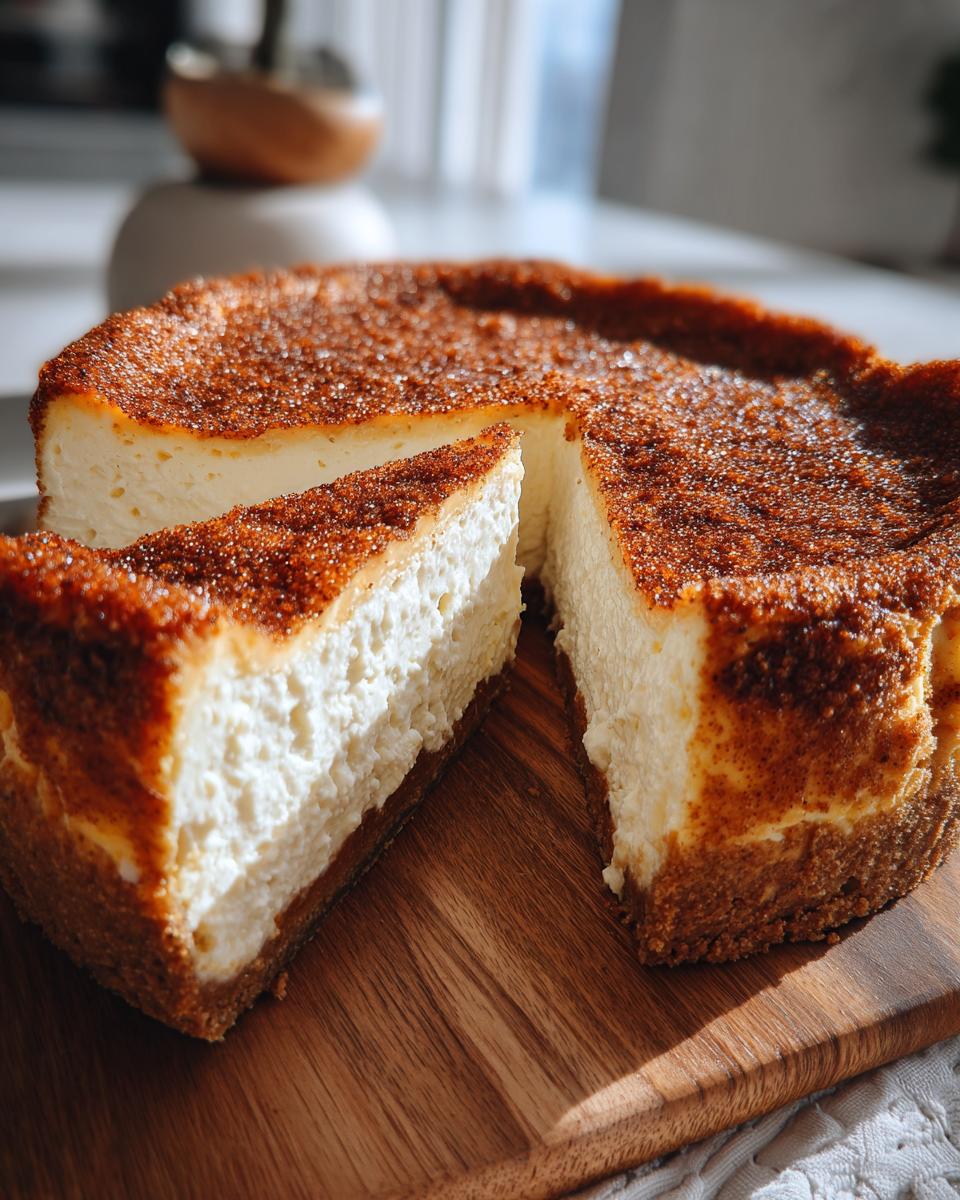 A creamy, baked snickerdoodle cheesecake with a heavily spiced, browned top, featuring one slice cut out on a wooden board.