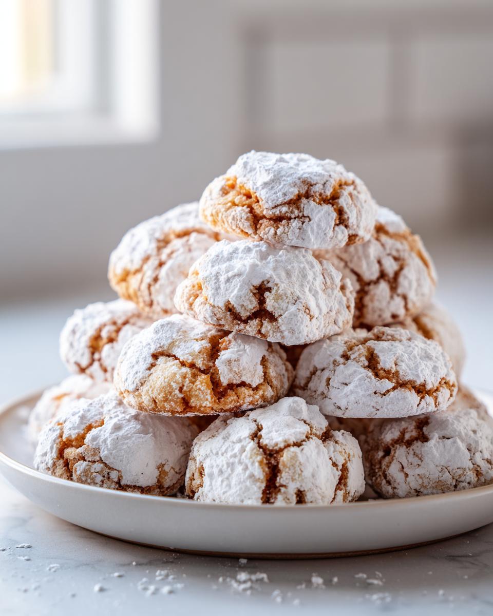 A tall stack of soft, crinkle-topped cool whip cookies heavily dusted with powdered sugar on a white plate.