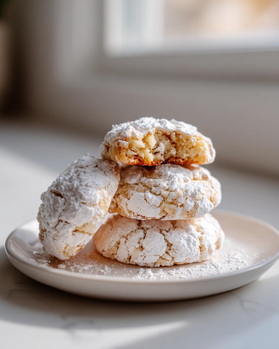 A stack of four soft, powdered sugar-dusted cool whip cookies on a small white plate.