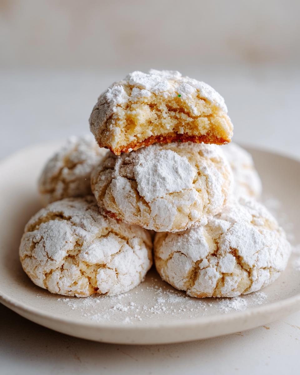 Stack of soft, powdered sugar-dusted 3-ingredient cool whip cookies, with one cookie broken open to show the texture.