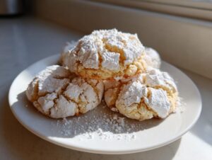 A stack of soft, crinkle-topped cool whip cookies heavily dusted with powdered sugar on a white plate.