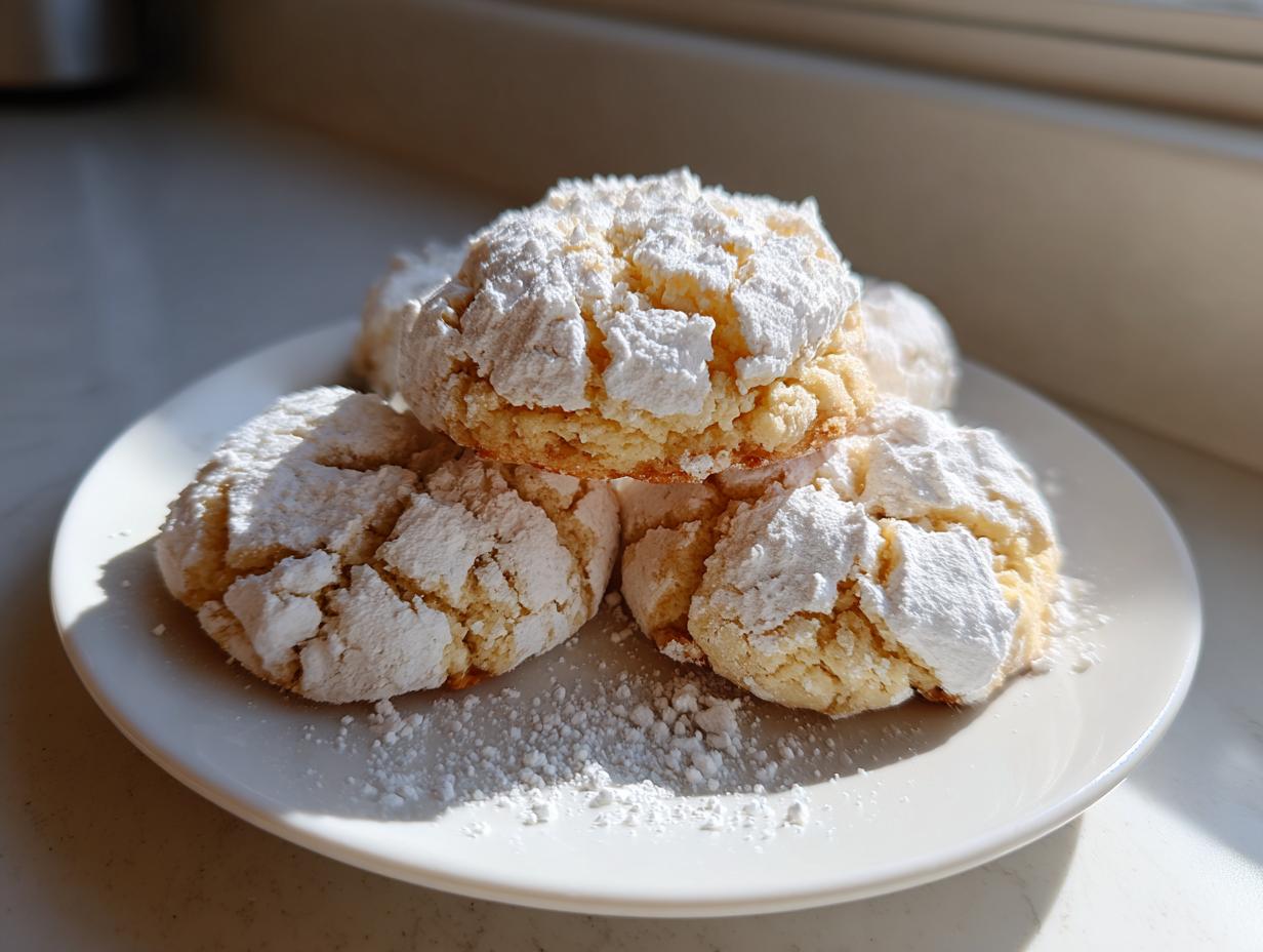 A stack of soft, crinkle-topped cool whip cookies heavily dusted with powdered sugar on a white plate.
