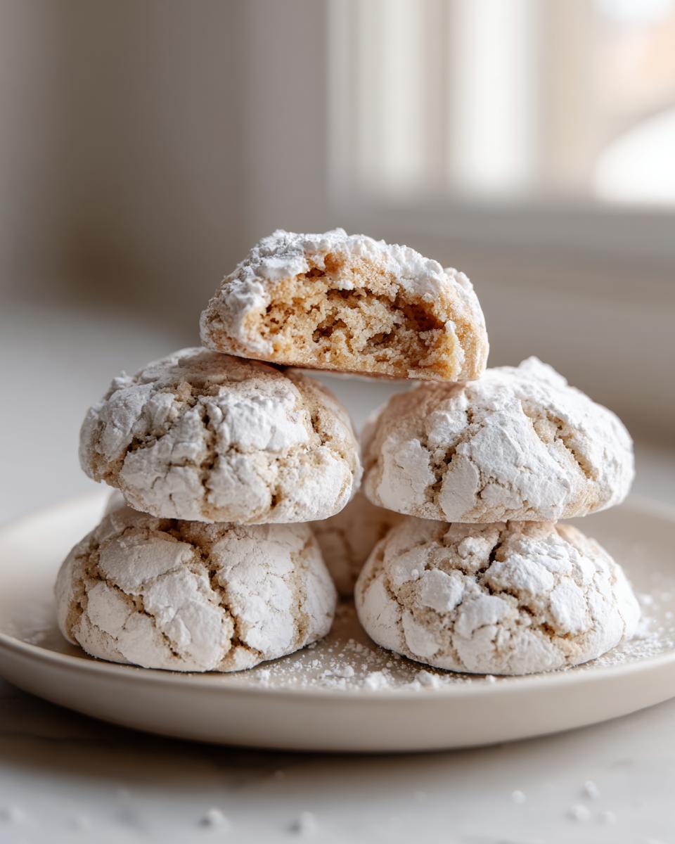 A stack of soft, powdered sugar-dusted cool whip cookies, with one cookie broken open showing the texture.