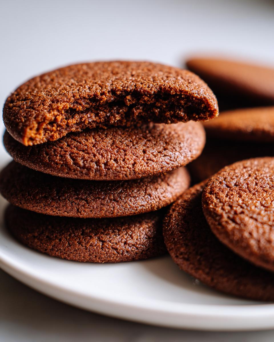 Close-up of a stack of rich, dark brown soft gingerbread cookies, with the top cookie broken to show the chewy interior.