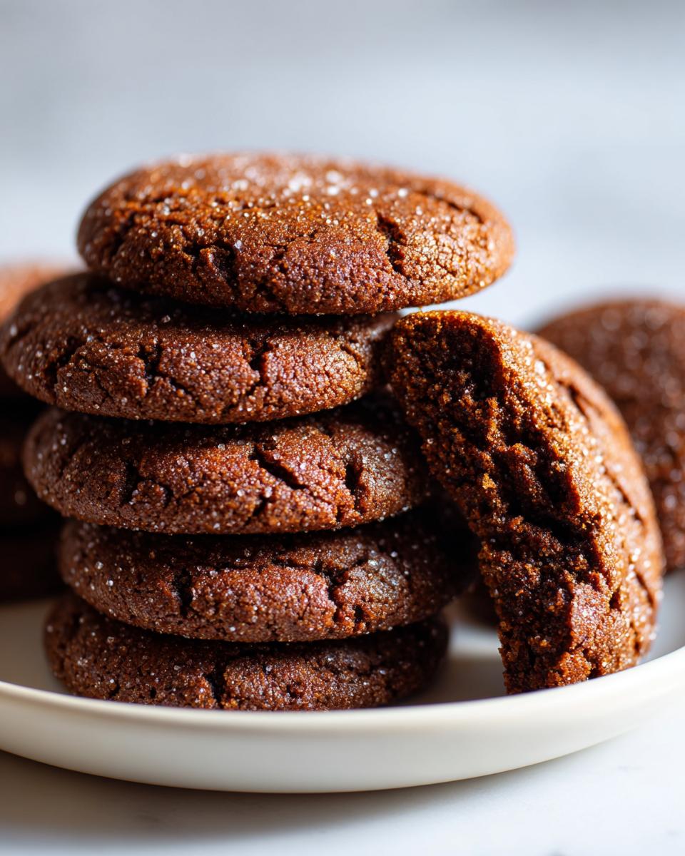 Close-up of a stack of soft gingerbread cookies, one broken open to show the chewy interior.
