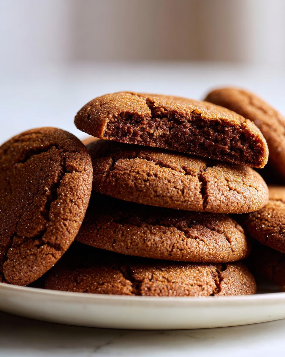A stack of rich brown, crackled soft gingerbread cookies, one broken open to show the chewy interior.